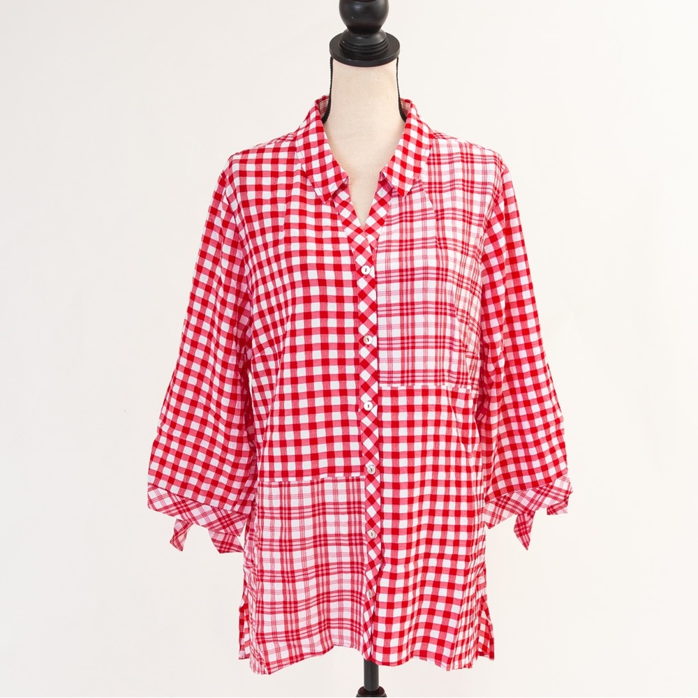 Gingham checked shirt button down red & white XL Susan Graver